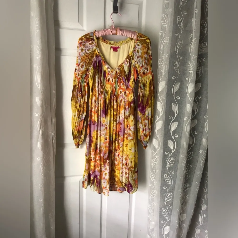 Sunny Leigh bright color floral short Hippie dress flutter sleeve women sz S - Image 2