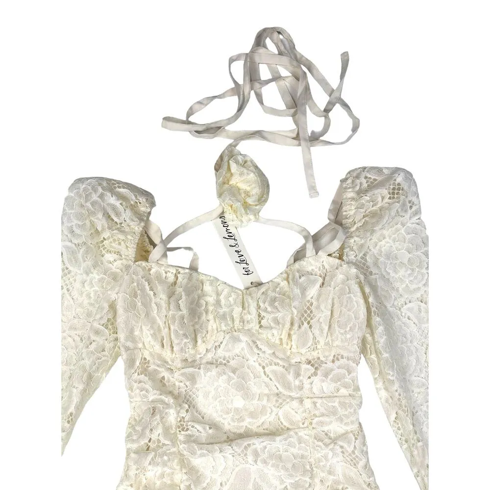 For Love & Lemons - Lace Rose Choker Long Sleeve Mini Dress in Ivory - Image 2
