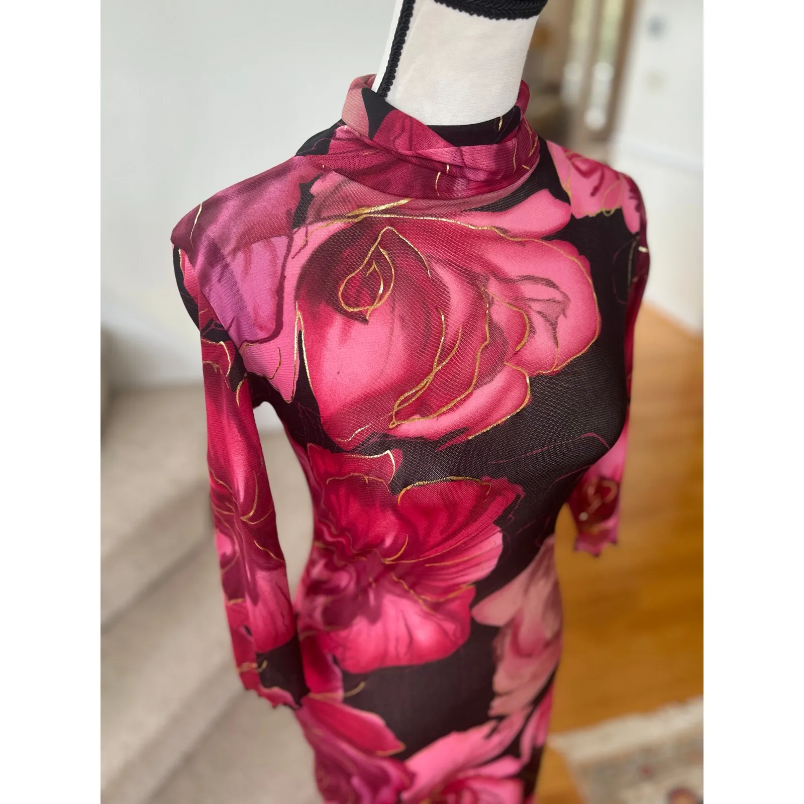 Vintage Y2K Mesh Sheer Black Red Floral Rose Metallic Gold Slip Dress - Image 5