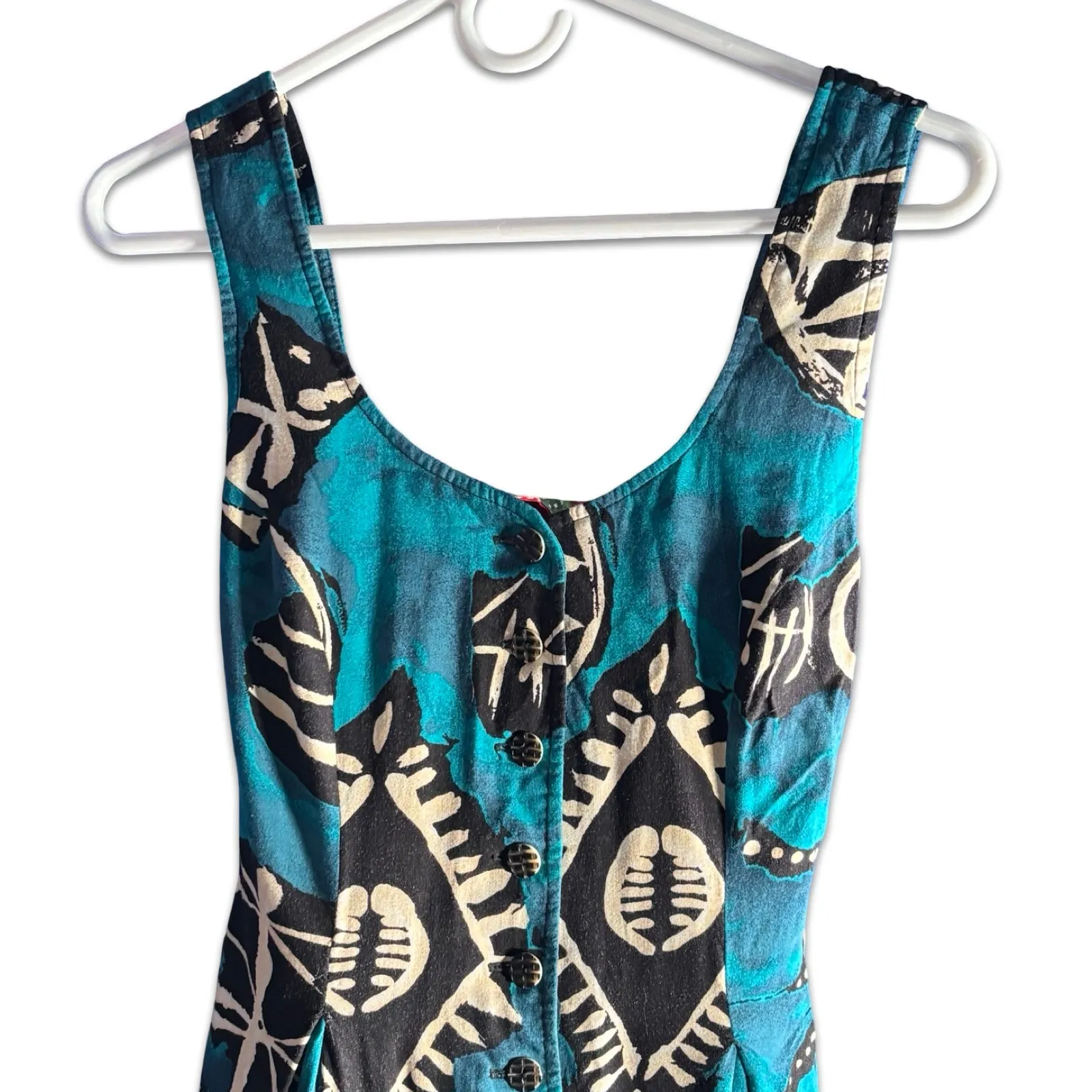 Vintage All That Jazz Abstract Jumpsuit Teal Blue Black Wide Leg Open Tie Back - Image 5