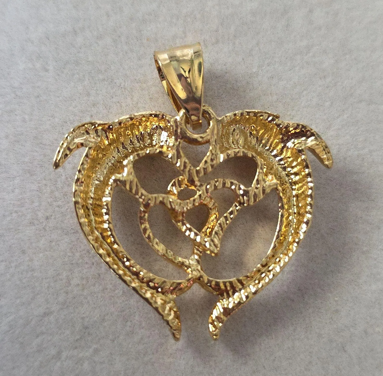 Gold Filled Charm Pendant Heart Shape Double Dolphin with Hearts - Image 3