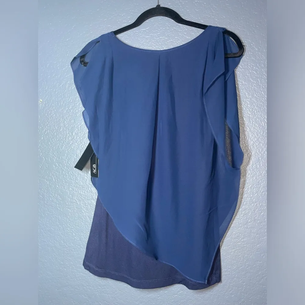 Nwt AGB Solid Chiffon Popover Blouse Necklace size small navy blue top trendy - Image 7