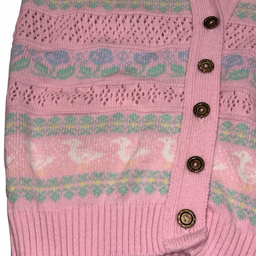 Vintage Needles Up Pastel Pink Acrylic Duck Cardigan Sweater size Large - Image 2