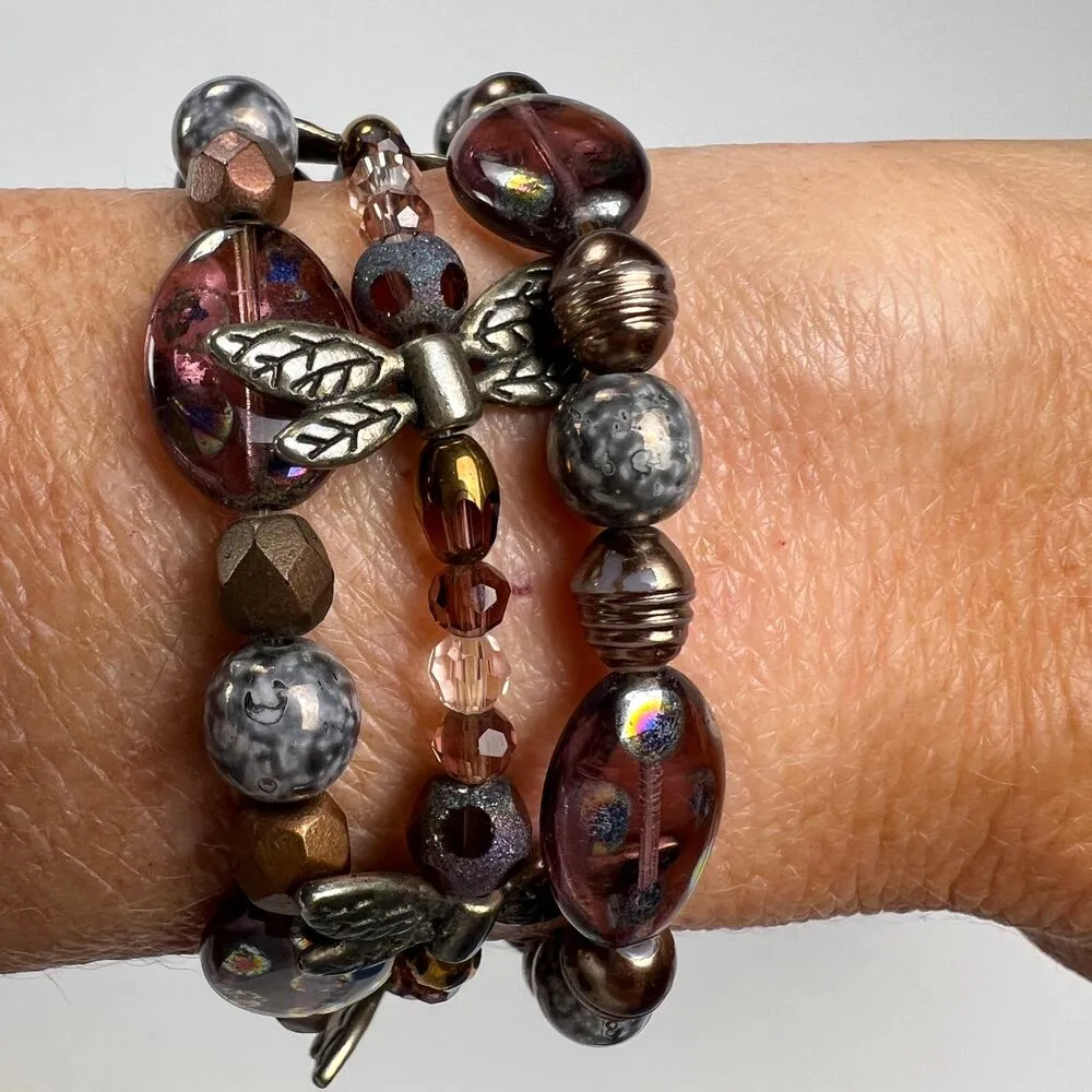 Handmade Beaded Bracelet Trio Purples Browns Dragonfly Metals - Image 4