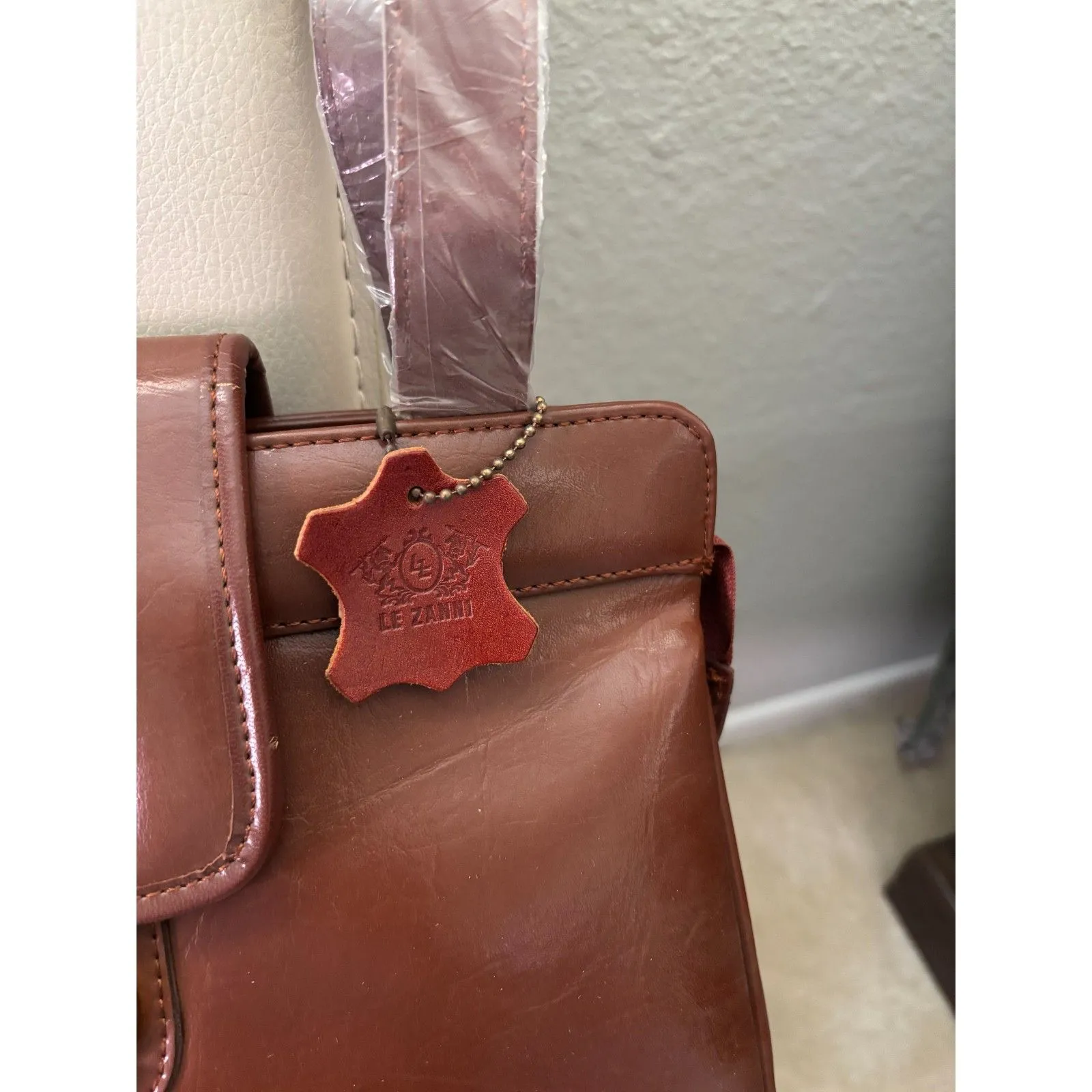 Vintage 80s Cognac Faux Leather Purse Shoulder Bag detachable double strap Brown - Image 11