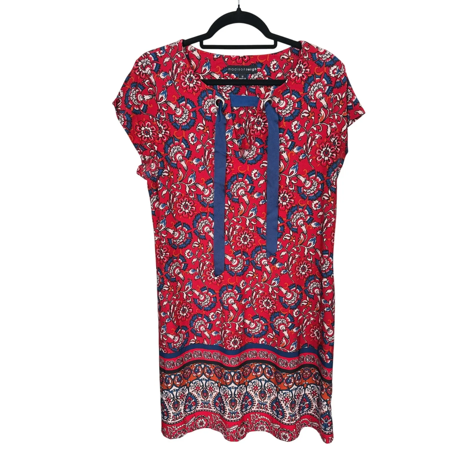 Madison Leigh Paisley Bow Short Sleeve Shift Dress Size 12 Red Holiday - Image 3