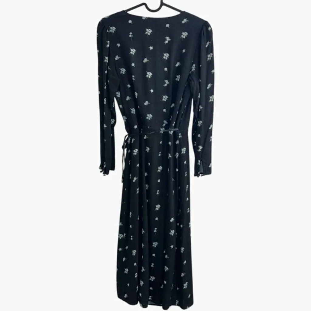 Aritzia WILFRED Once Midi Black Floral Flowy Wrap Long sleeve V-neck Dress Small - Image 7