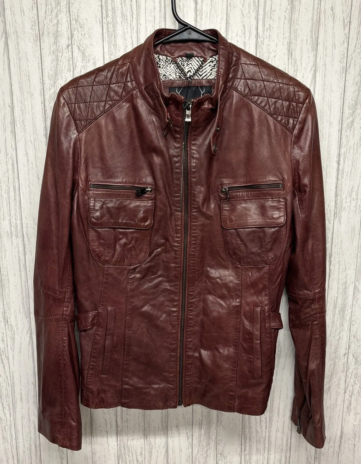 Womens Size L Bod & Christensen Maroon Leather Moto Jacket NWT Red Size L - Image 1