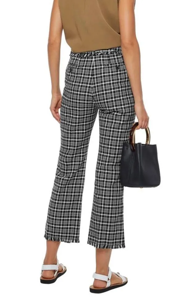 Weekend MaxMara Valico Fringe-Trim Plaid Cropped Pants Black White 8 - Image 4