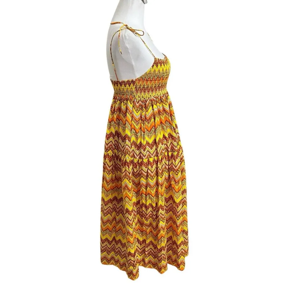 SWF Zigzag Midi Dress Women’s Size Small Yellow Smocked Cotton Tie Shoulder - Image 7