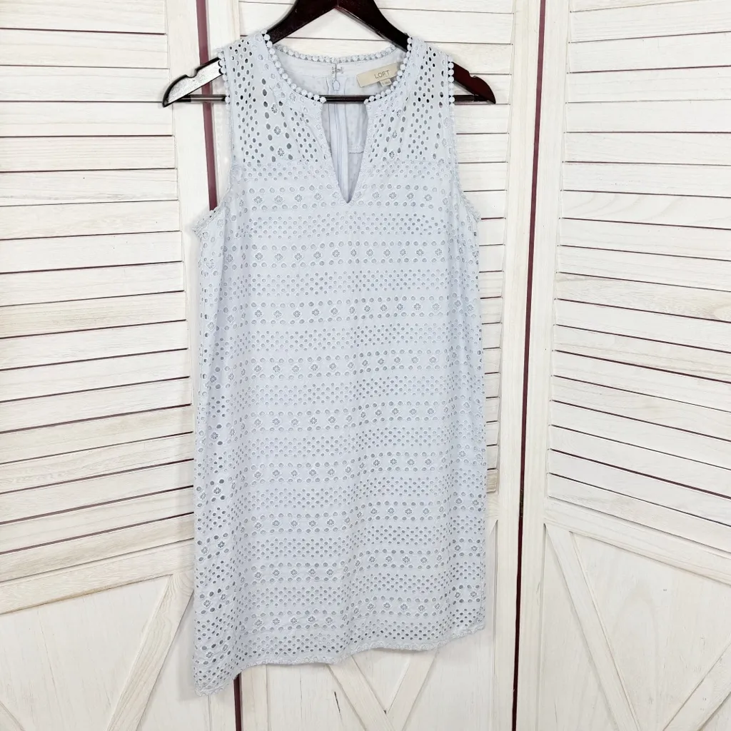 Loft Eyelet Split Neck Sleeveless Shift Tunic Mini Dress Powder Blue Size 2 - Image 10