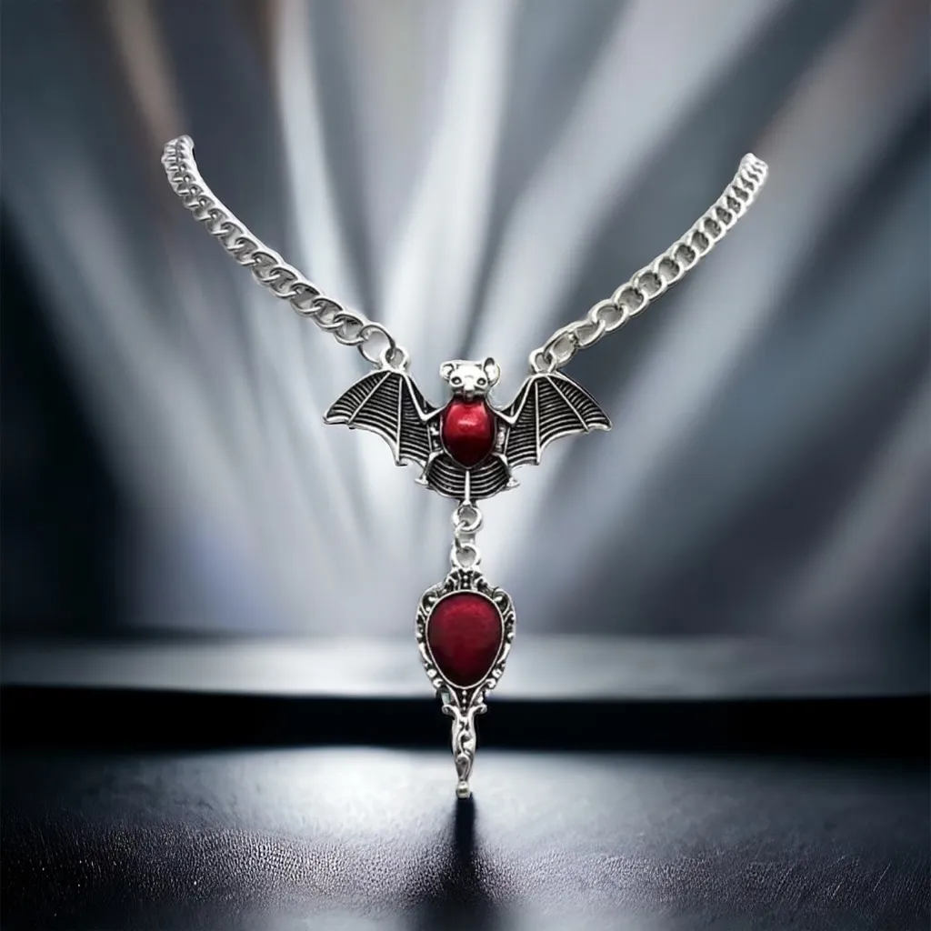 Gothic Party Style Special Bat Red Mirror Pendant‎ Zinc Alloy Necklace Silver - Image 5