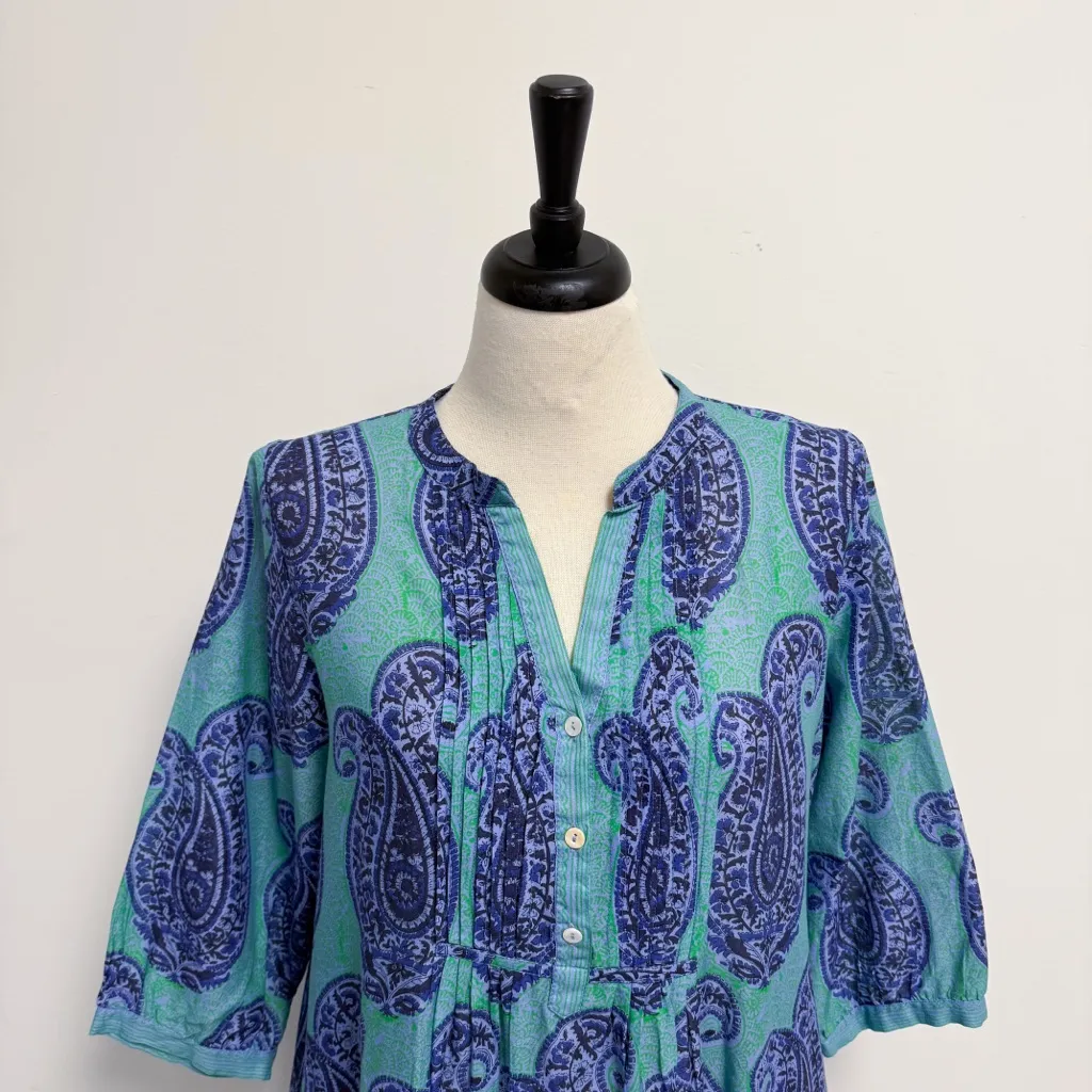 La Plage Blue Green Paisley Maybe Relaxed Fit 3/4 Sleeve Pintuck Dress Large - Image 2
