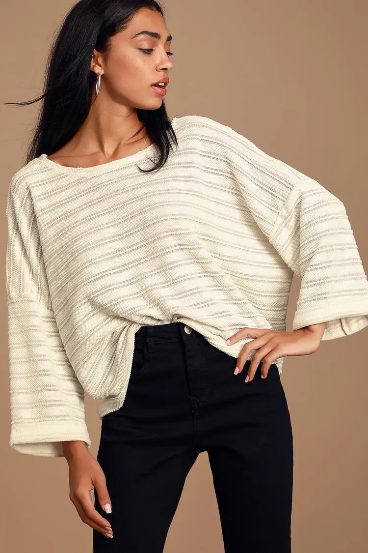 Cozy Ivory Striped Knit Sweater Top - Image 2
