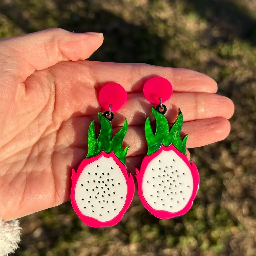 Dragon Fruit Earrings - Pink and Green - Image 2