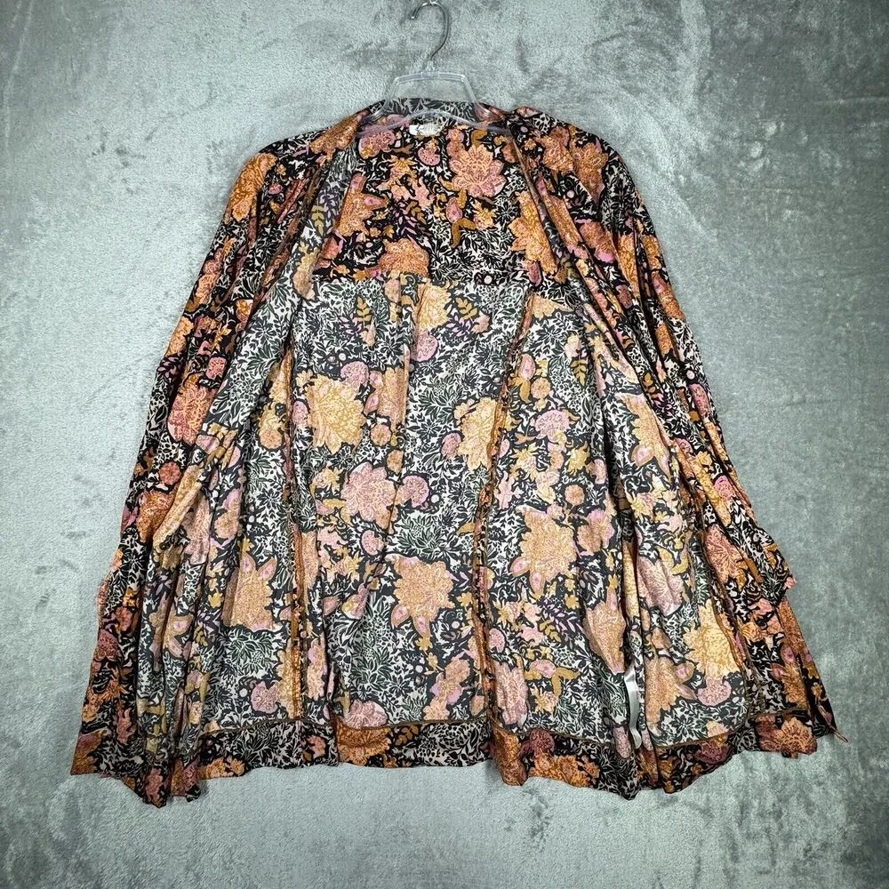 Free People Kimono Women Small Black Orange Floral Topper Flower Hippie Bohemian - Image 4