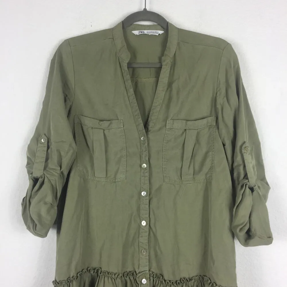 Zara Army Green Babydoll Ruffle Button Oversized Mini Dress XS Lightweight Beach - Image 4