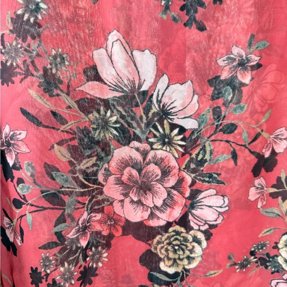 Womens Boho Floral Print Sheer Ruffle Sleeve Blouse Flowy Chiffon Top Pink Sheer Size L - Image 8