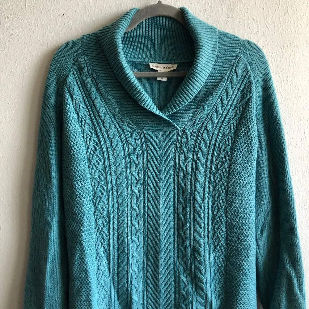 Coldwater Creek Sweater Teal Blue Shawl Collar Cableknit Sz L (14) GUC - Image 2