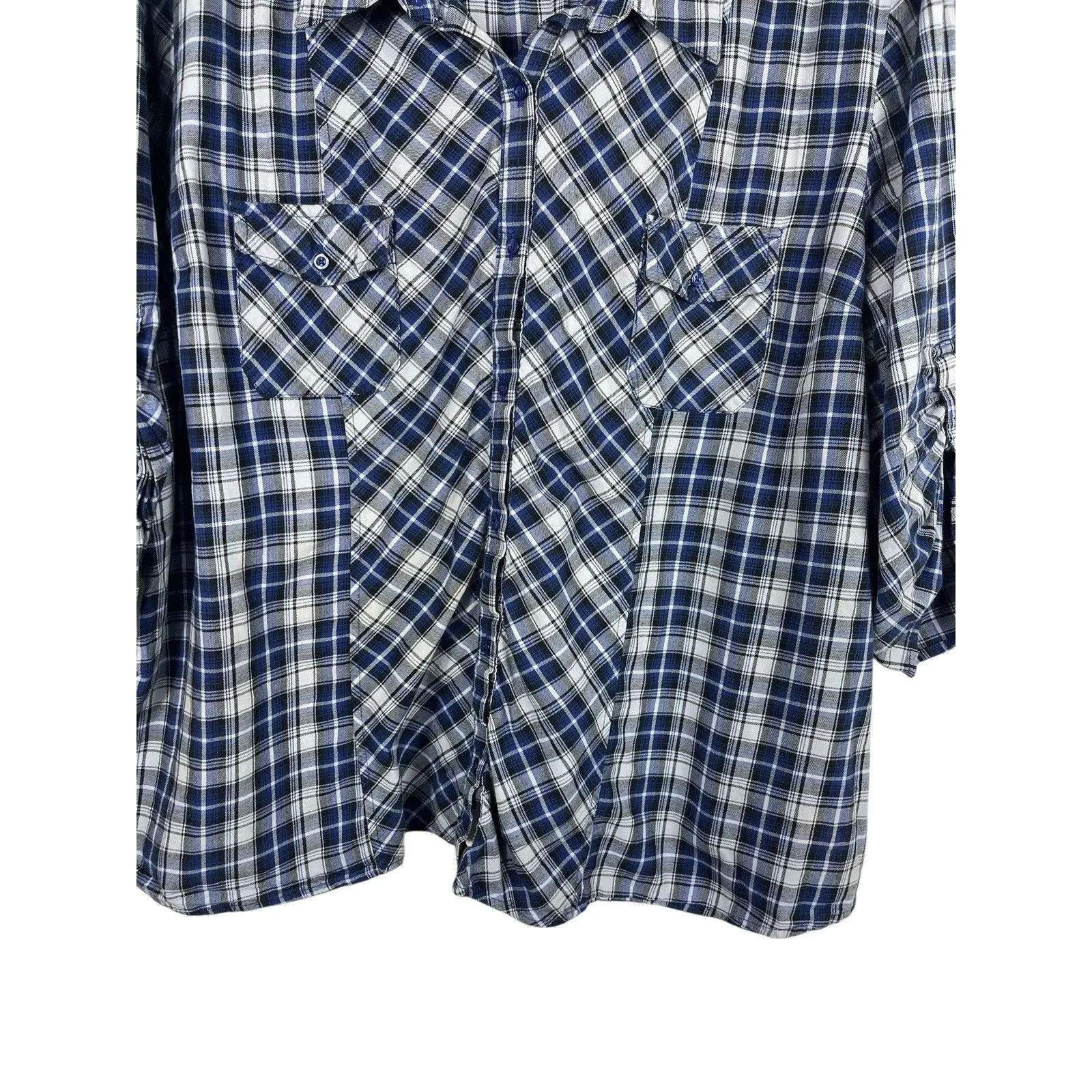 Fashion Bug 4X Blue Plaid Button Up Flannel Top Roll Tab Sleeve Western Country - Image 3
