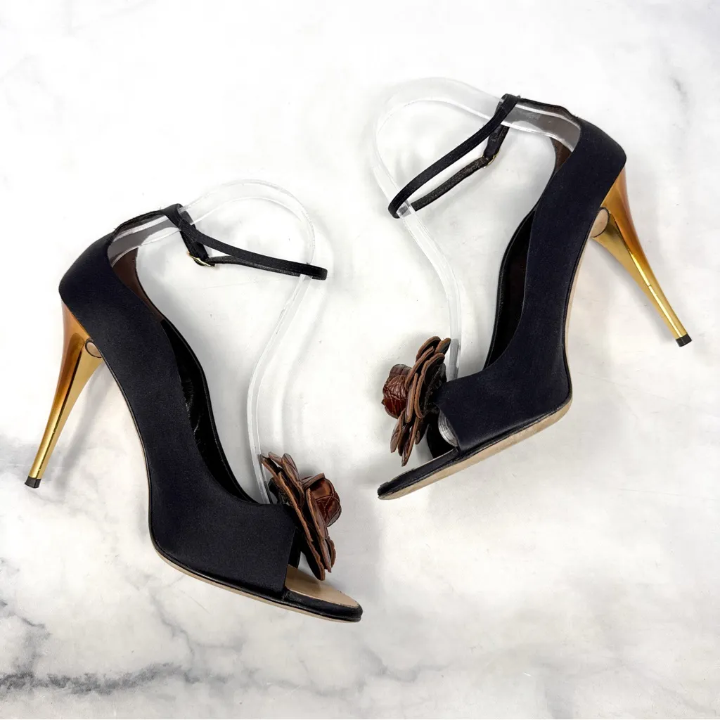 Giuseppe Zanotti Vintage Y2K Leather Croc Flower Silk Mary Jane Heels Black 39 - Image 7