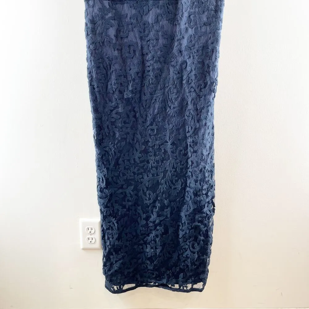 Tadashi Shoji Embroidered Banded Lace Maxi Length Gown Dress Navy Blue 4 - Image 7