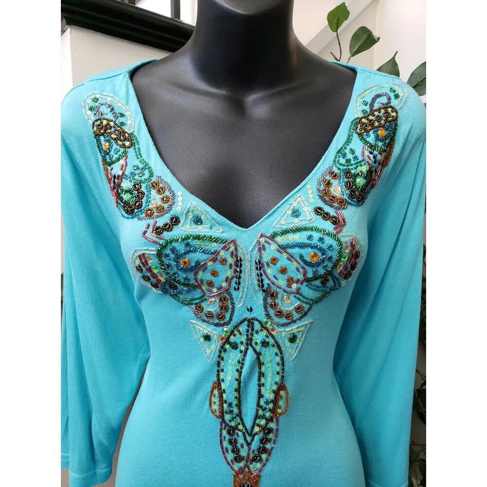 Jessica London Long Maxi Dress Women's 14 Blue Beaded Rayon Long Sleeve V Neck - Image 13