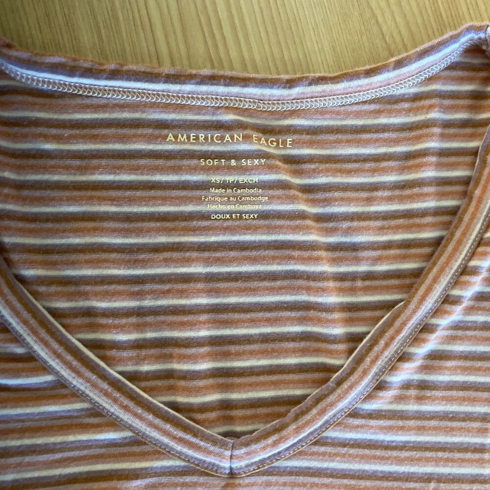 American Eagle Soft & Sexy V Neck T  Shirt XS Xtra Small Short Sleeve Striped - Image 2