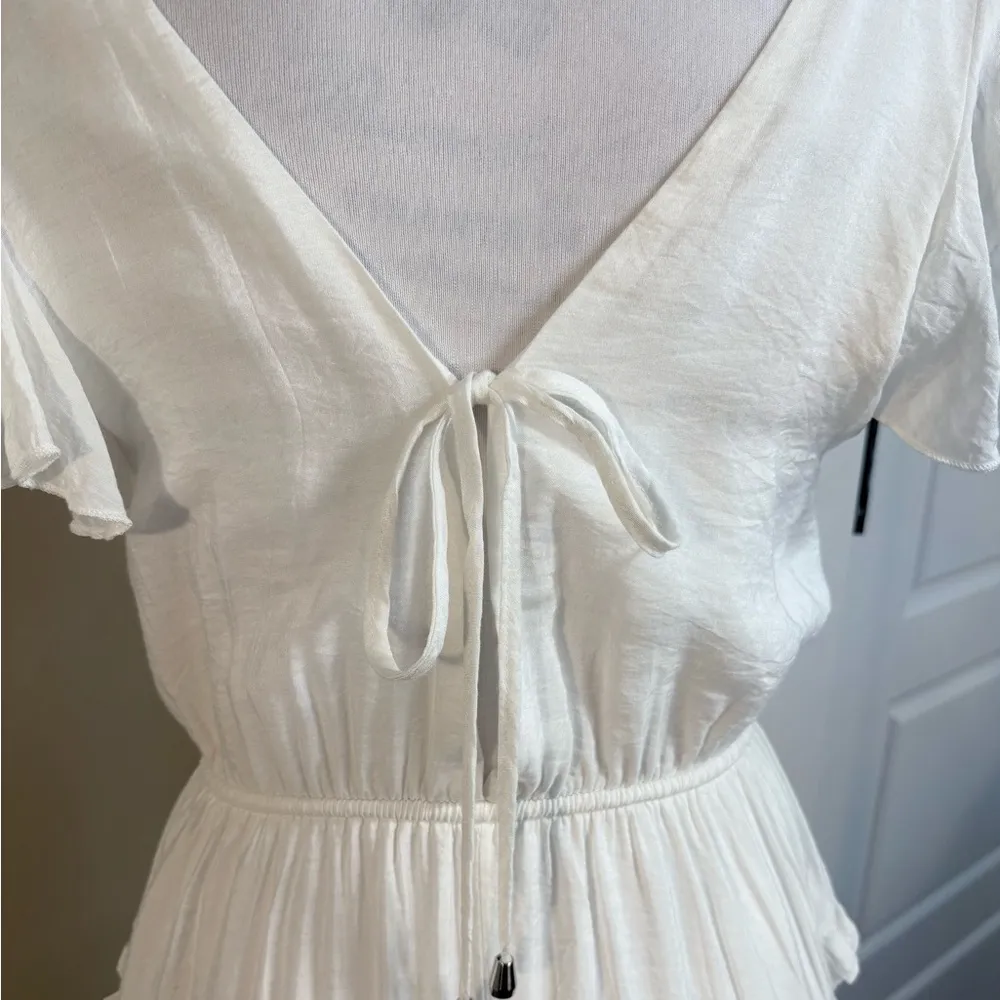 SAINTS & SECRETS Ruffled Tie Back Waist Cinch Plunging Mini Dress ~White Sz M White Size M - Image 8