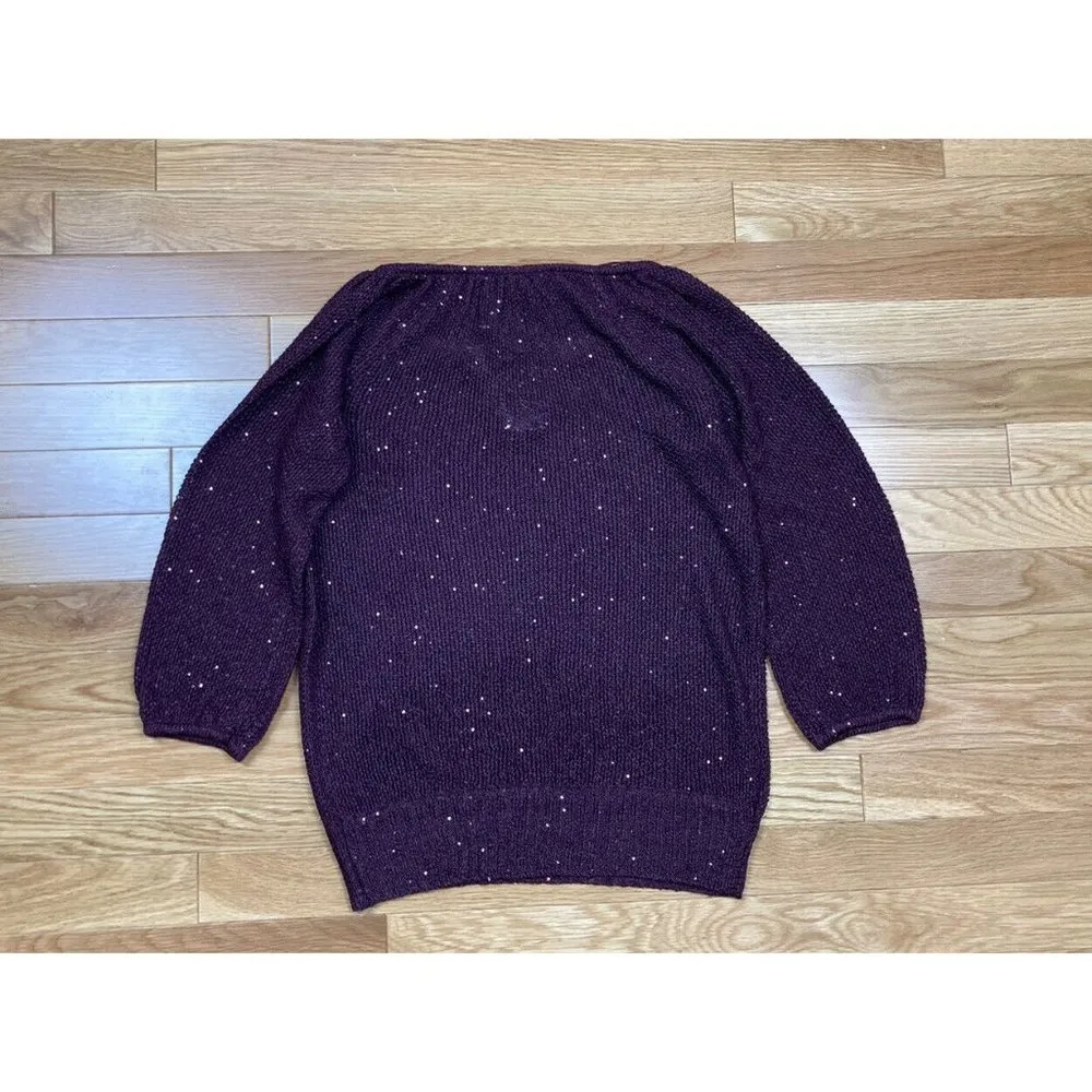 New INC International Concepts Open Knit Sequin Sweater Womens Size XS Burgundy - Image 2