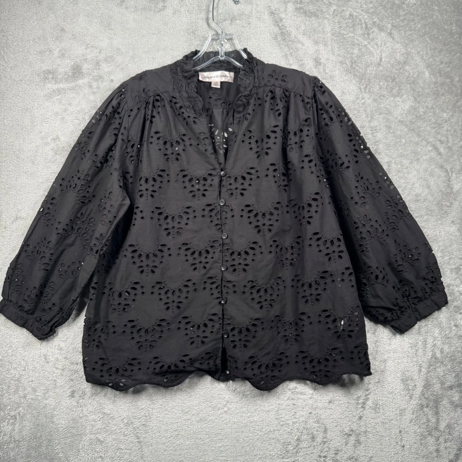 Catherine Malandrino Blouse Black Eyelet Large Dark‎ Boho Whimsigoth Victorian - Image 2