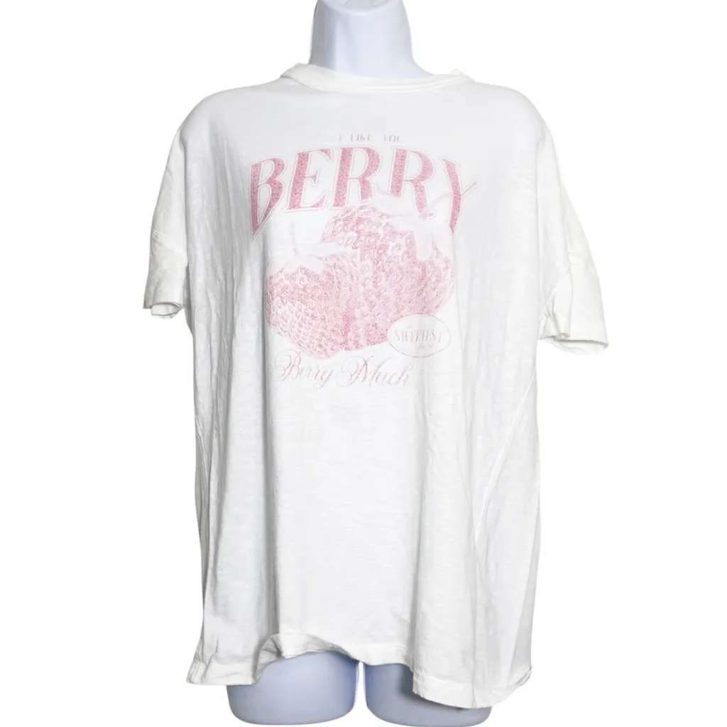 Aerie Berry Graphic Oversized Tee White‎ Pink Size XXS - Image 2