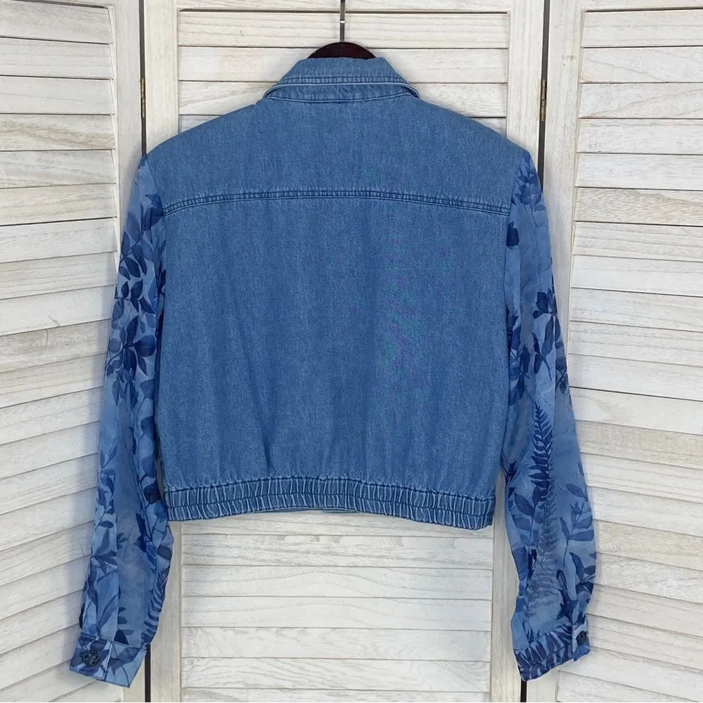 Nancy Bolen City Girl Embroidered Chambray Sheer Sleeve‎ Crop Shacket Blue 10P Blue - Image 9