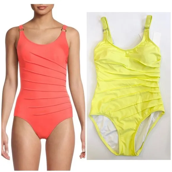 Calvin Klein ruched side one piece swimsuit in neon yellow - Image 2