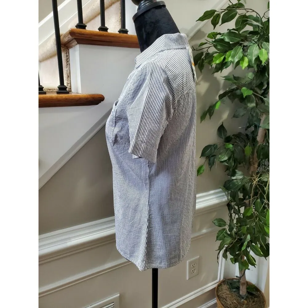 Karen Scott Women Blue / White Cotton Collared Short Sleeve Button Down Shirt PS - Image 6