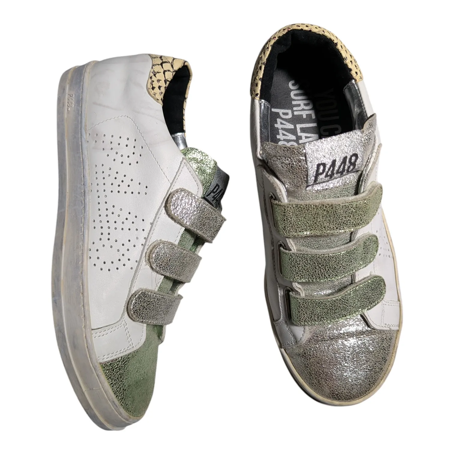 P448 John Green Silver Metallic White Leather Hook and Loop Sneakers 40 9.5 - Image 1