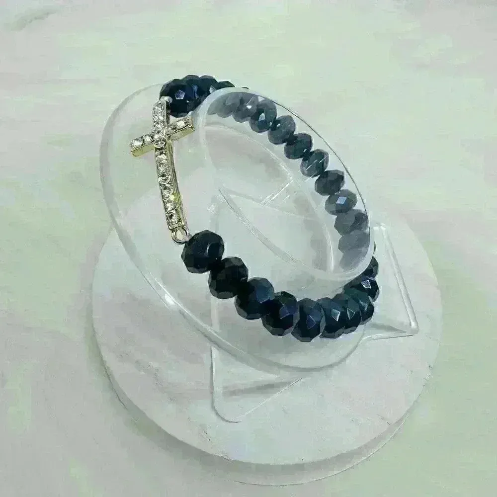 Navy Blue Beaded Bracelet with Rhinestones Cross - Image 2