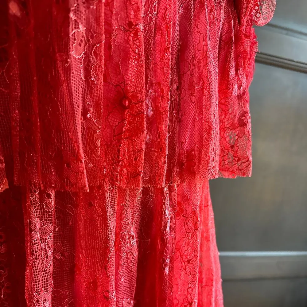 BADGLEY MISCHKA | Pink Red Tiered Pleated Lace Bell Sleeve Dress | Size 2 - Image 4