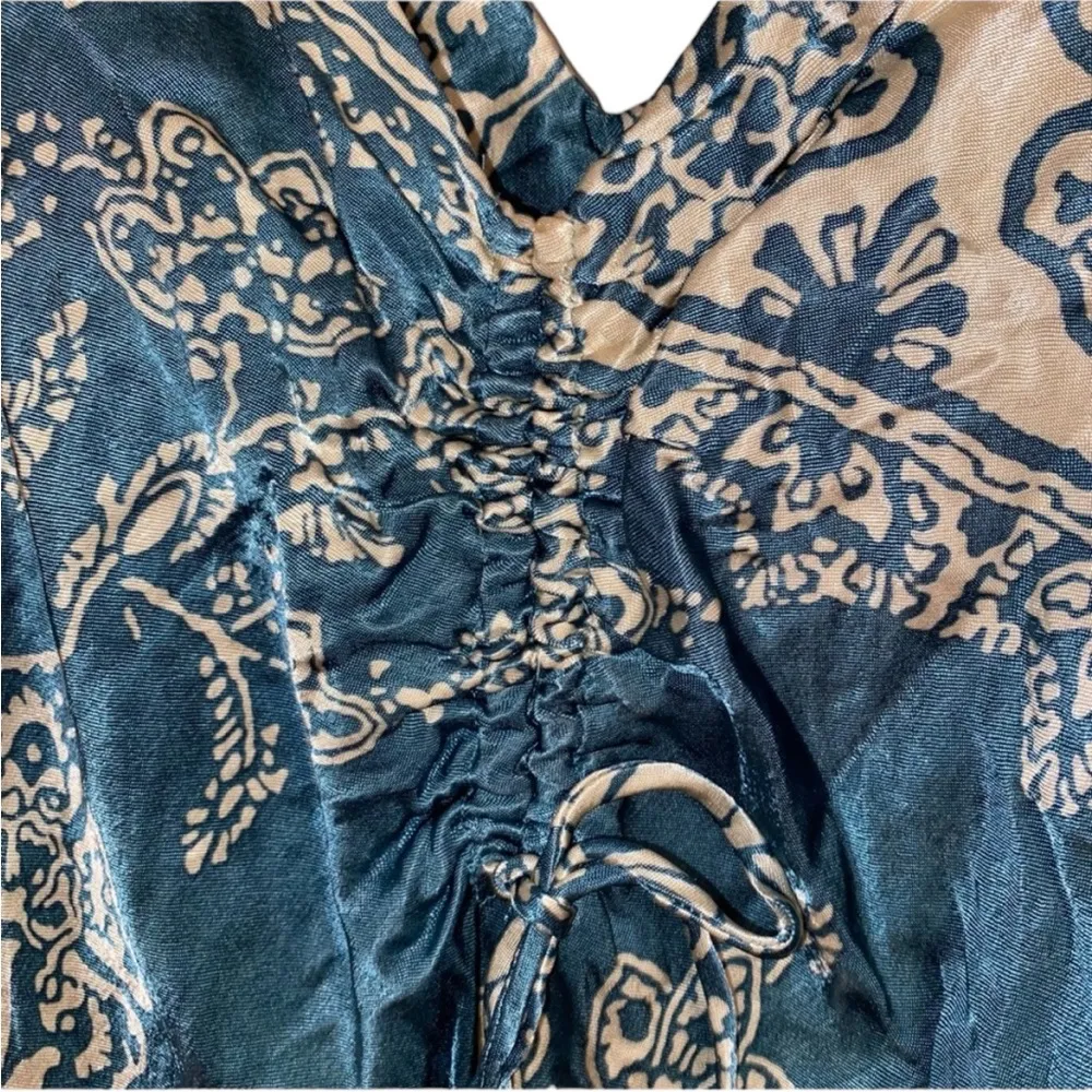 Aqua Teal Blue & White Zara Designer Paisley Dress Women’s Size Medium Large Fit - Image 4