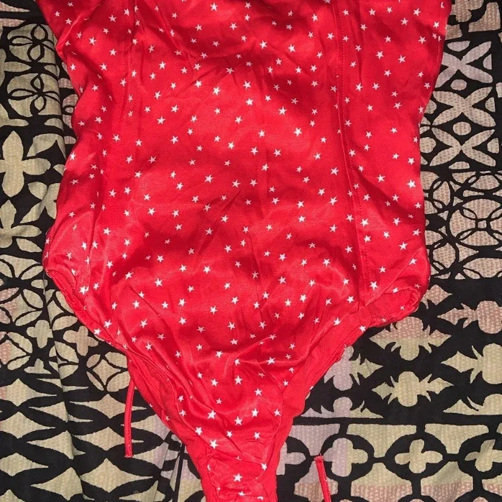Zara Silk red & white star lace up bodysuit NWT $59 Small fall casual classic - Image 4
