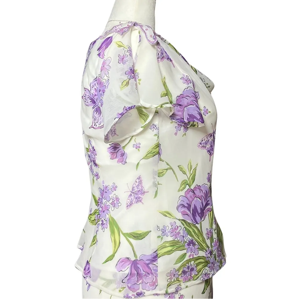 Vintage 90s Y2K White Purple Floral Butterfly Fairycore Top Large Easter Pastel - Image 5