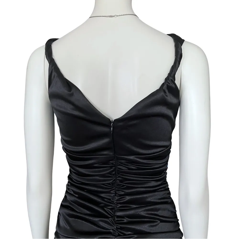 Vintage Y2K Black Satin Ruched V Neck Midi Cocktail Party Dress. XS. Graduation - Image 9