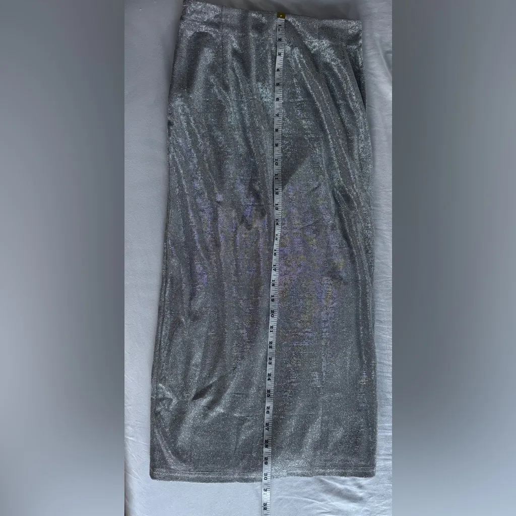 Showpo NWT Womens Metallic Silver Bodycon Side Slit Midi Skirt Size 4 - Image 4