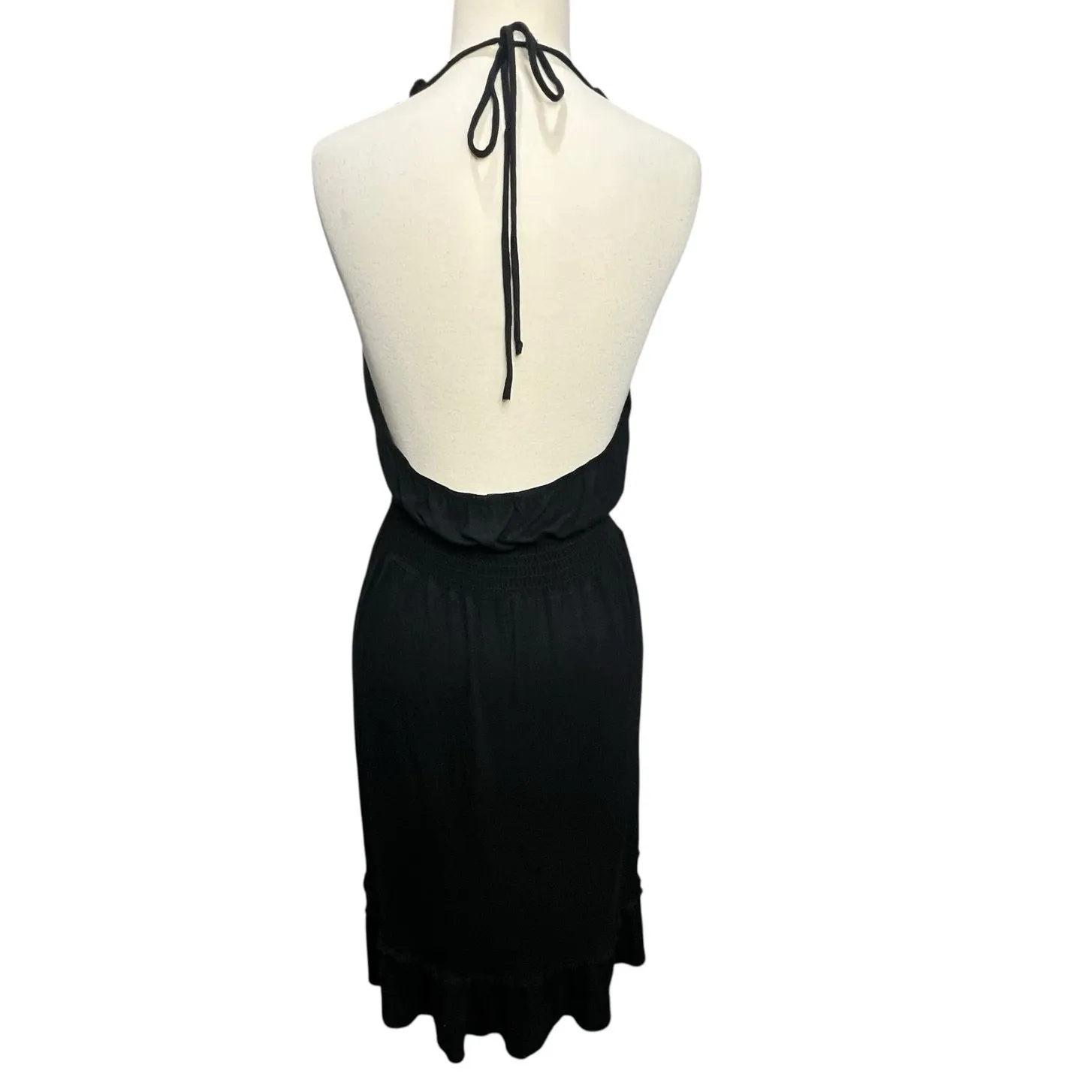 Velvet Torch Y2K Plunge Halter Dress Womens L Black Ruffle Smocked Summer Flirty - Image 4