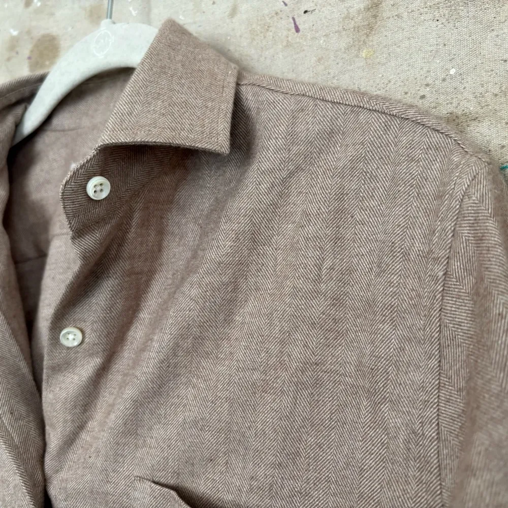 Emanuele Maffeis Herringbone Cotton Button Down Top Tan - Image 3