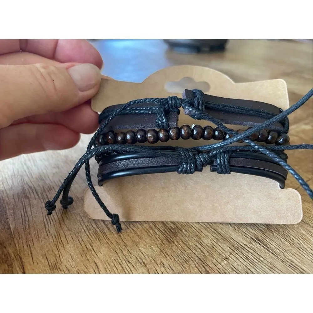 Wrap Leather Bracelets for Men Vintage Life Tree Rudder Charm Wood beans Ethnkc Black - Image 3