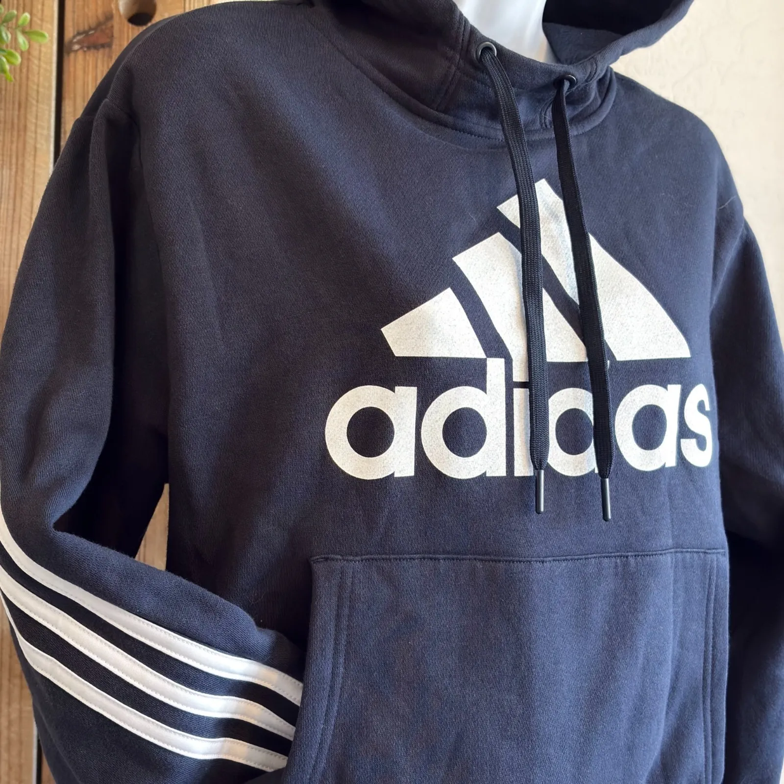 Adidas Essentials Striped Fleece Hoodie Sweatshirt XS Navy Women Kangaroo Pocket - Image 2