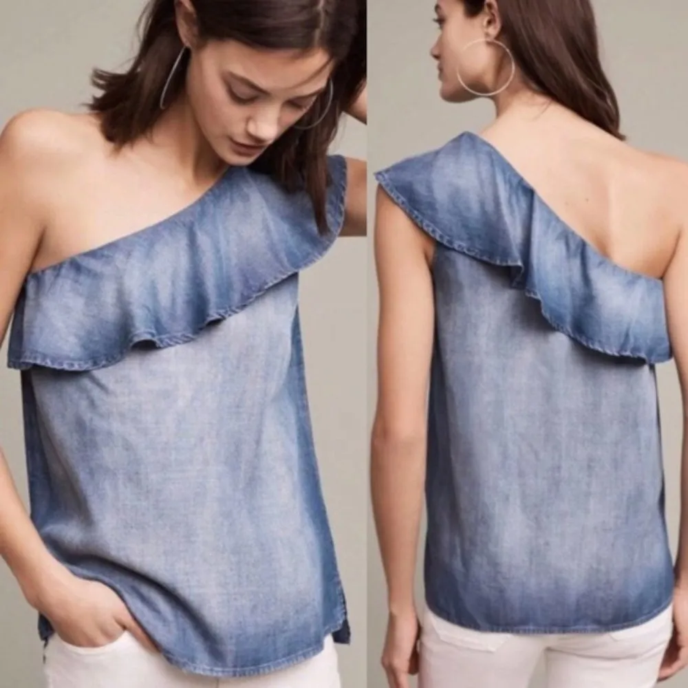 Anthropologie Cloth and Stone Chambray Tencel One Shoulder Top Blue‎ Sz XS - Image 2