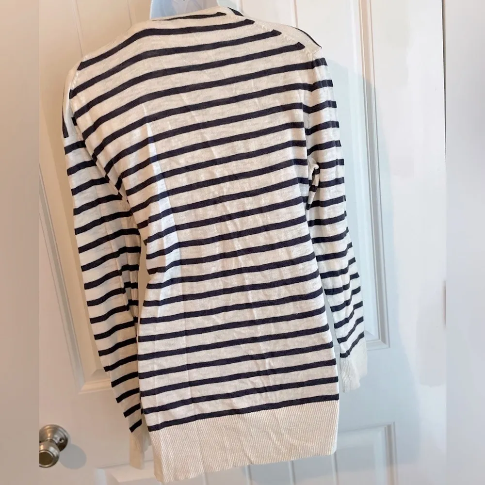 Ann Taylor Navy Blue & White Knit Stripe Sweater Cardigan in EUC Sz Small - Image 5