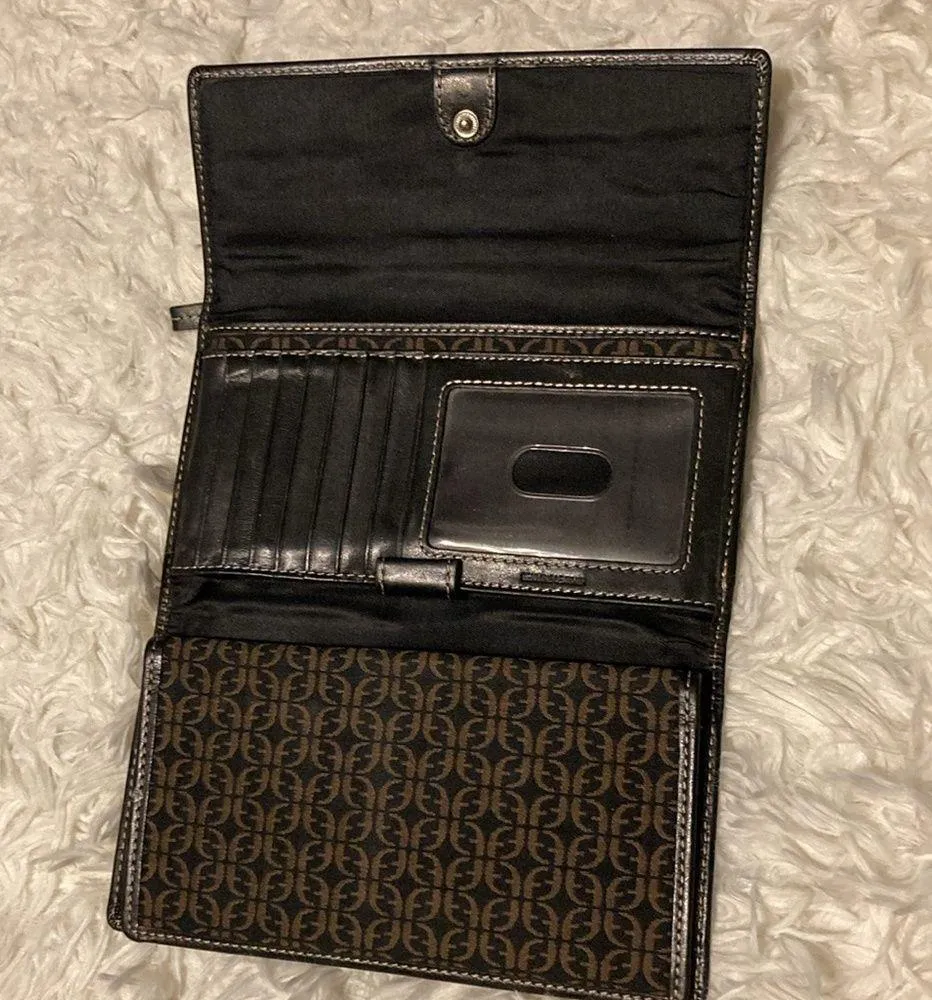 Fossil  Signature Trifold Wallet Checkbook Cover Zipper Coin Pocket Black/Brown - Image 3